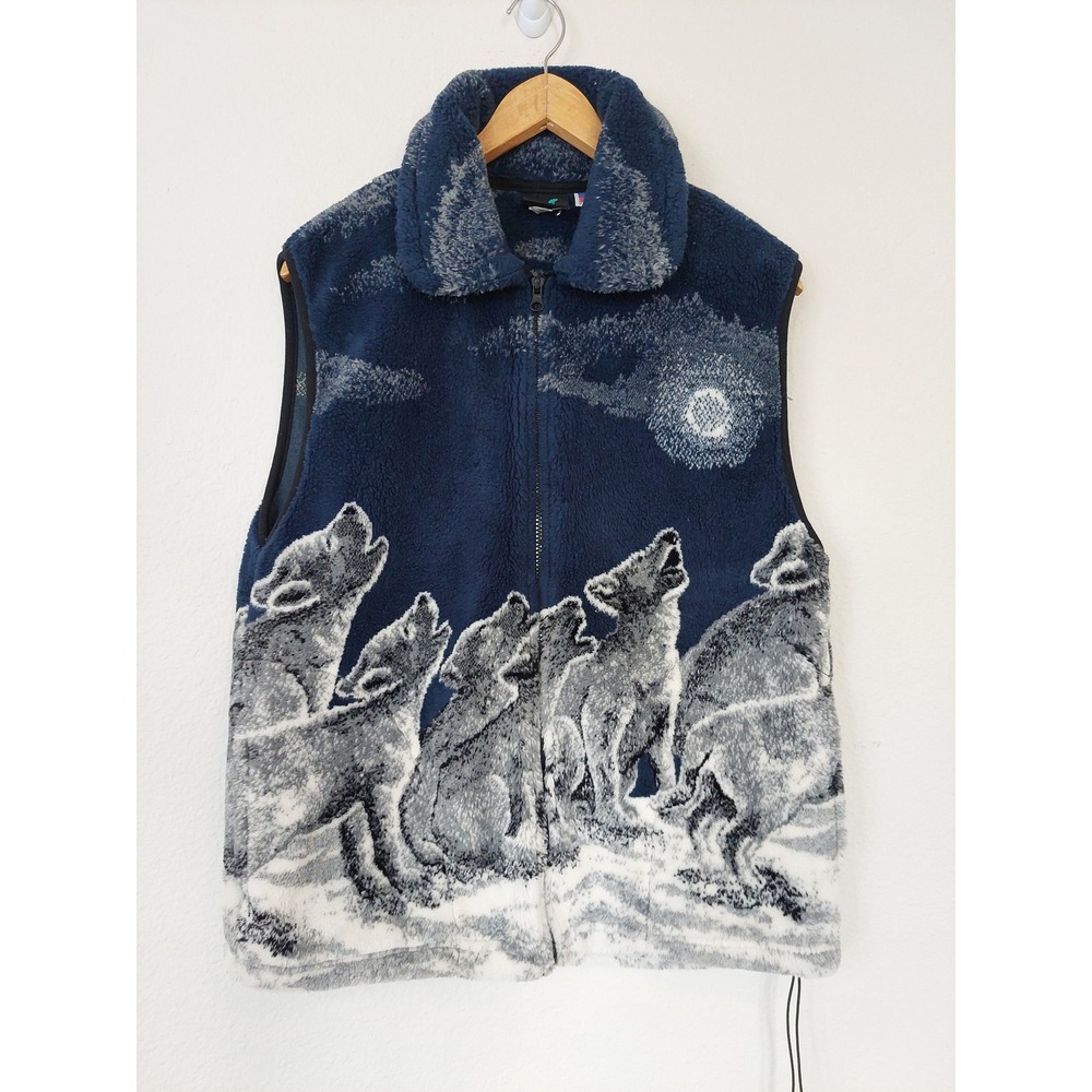 Mazmania Vintage Howling Wolf Moon Fleece Vest Blue Size Large Made in USA